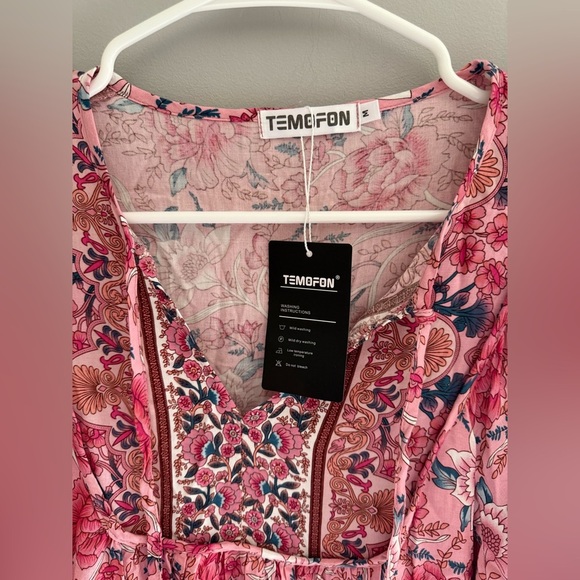 Temofon Womens Pink Floral Boho Mini Dress SZ MD New 3/4 Sleeve Flowy V Neck - Picture 3 of 10